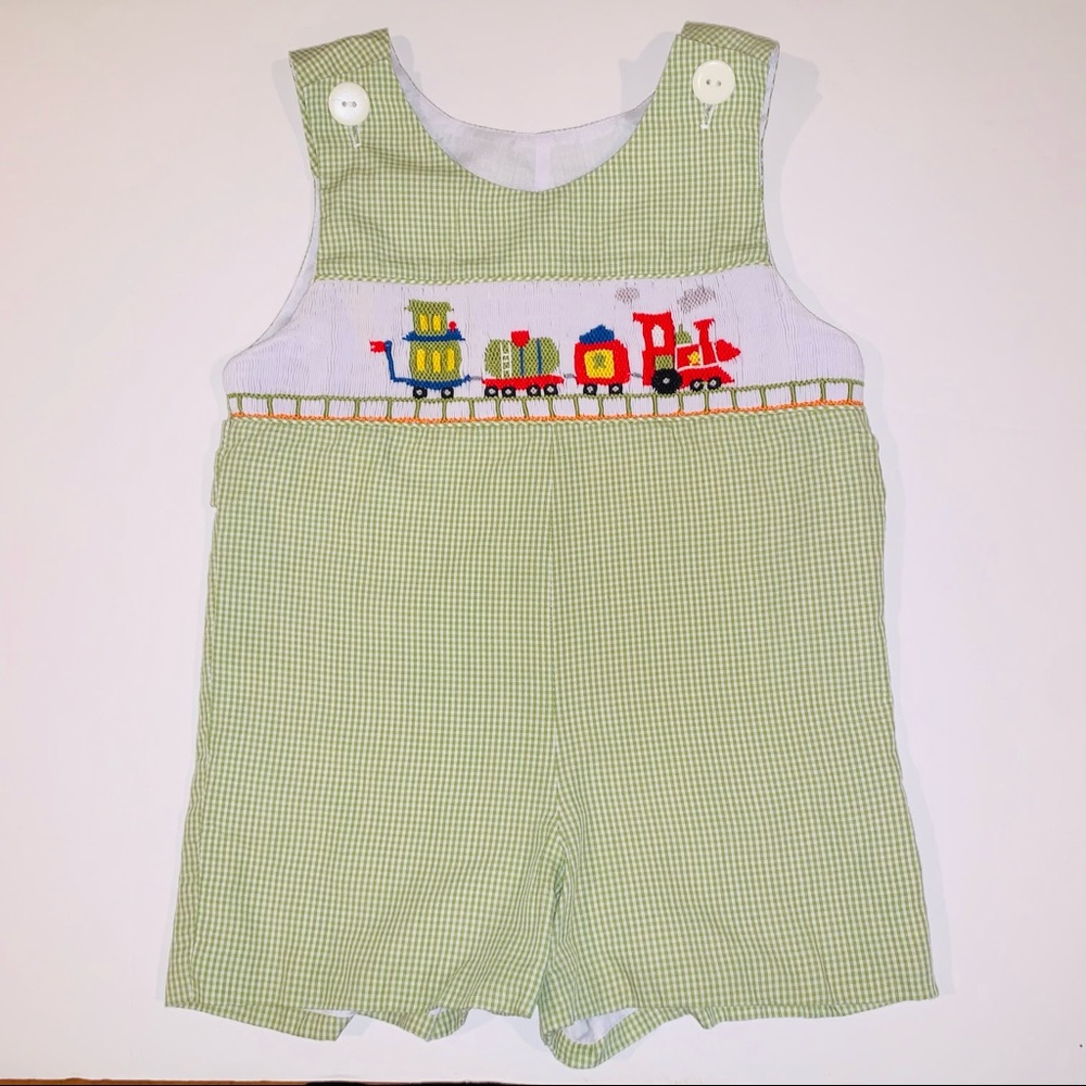 Smocked Green Gingham Shortall/Jon Jon with Trains